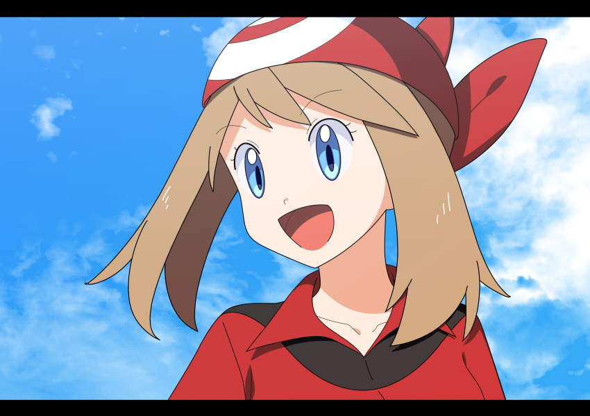 1girl bandana blue_eyes brown_hair cloud collarbone haruka_(pokemon) highres letterboxed looking_to_the_side open_mouth pokemon pokemon_(game) pokemon_oras portrait short_hair sky smile solo yuihiko