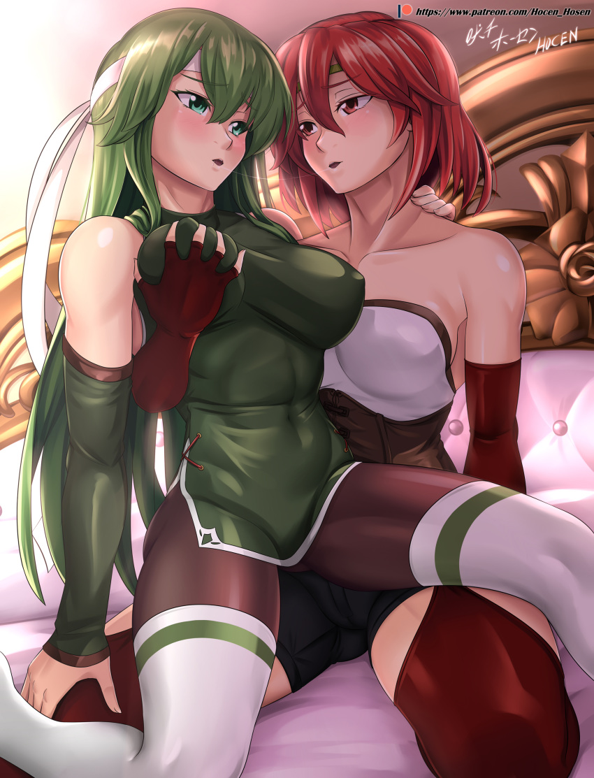 2girls abs absurdres after_kiss ass bare_shoulders bed bed_sheet black_legwear blush breast_grab breasts cleavage covered_navel covered_nipples detached_sleeves dress eye_contact fingerless_gloves fire_emblem fire_emblem:_monshou_no_nazo gloves grabbing green_eyes green_hair headband highres long_hair long_sleeves looking_at_another minerva_(fire_emblem) multiple_girls navel open_mouth pantyhose paola patreon_username red_eyes red_gloves red_hair saliva saliva_trail short_dress short_hair short_shorts shorts sitting sitting_on_person sleeveless sleeveless_dress strapless thighhighs vilde_loh_hocen yuri