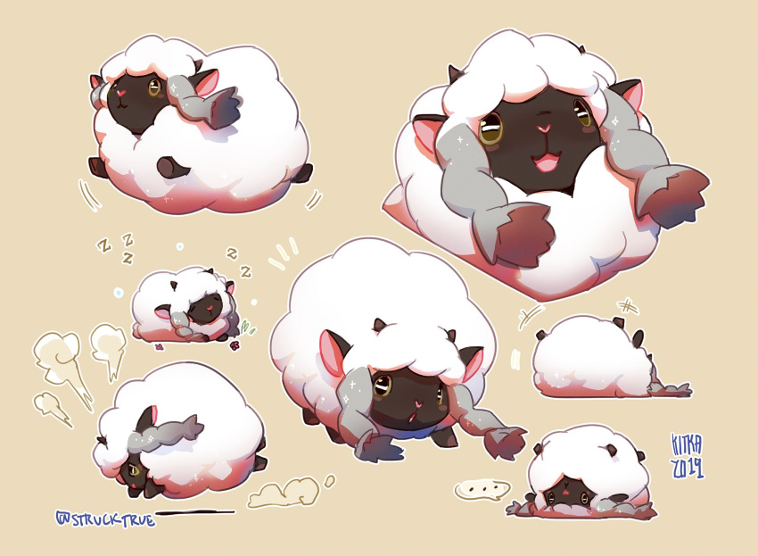 animal animal_ears charging_(attack) dark_skin gen_8_pokemon highres horns lamb multiple_views no_humans open_mouth pokemon pokemon_(creature) sheep sheep_ears sheep_horns sleeping smile solo upside-down wool wooloo zzz