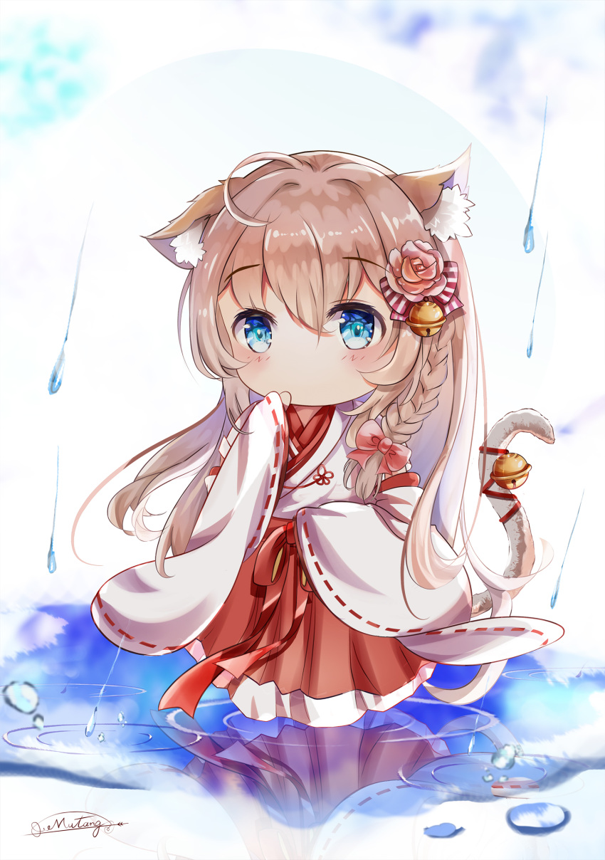 1girl animal_ear_fluff animal_ears bangs bell blue_eyes blush bow braid cat_ears cat_girl cat_tail chibi commentary_request eyebrows_visible_through_hair flower hair_between_eyes hair_bow hair_flower hair_ornament hakama hand_up highres japanese_clothes jingle_bell kimono light_brown_hair long_sleeves looking_at_viewer mutang original rain red_bow red_flower red_hakama red_ribbon red_rose reflection ribbon ribbon-trimmed_sleeves ribbon_trim ripples rose side_braid single_braid sleeves_past_fingers sleeves_past_wrists solo striped striped_bow tail tail_bell tail_raised tail_ribbon water white_background white_kimono wide_sleeves