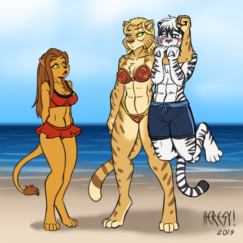 2019 4_toes 5_fingers abs beach bikini blonde_hair blue_eyes blush bottomwear breasts brown_eyes brown_hair caitian chest_tuft cleavage clothed clothing digitigrade dipstick_tail ear_piercing ear_ring exercise feet felid female fur hair harry_campbell heresy_(artist) kilrathi larger_female m'ress male mammal multicolored_tail outside pantherine piercing pullups seaside shorts size_difference skimpy star_trek stripes swimwear tan_fur tiger toes tuft white_fur white_hair wing_commander yellow_sclera