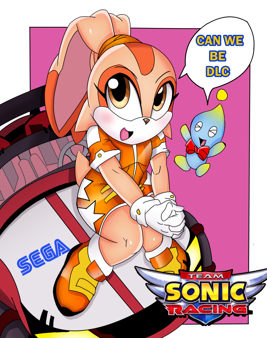 absurd_res bow_tie brown_eyes chao cheese_the_chao clothing cream_the_rabbit cub darkfang100 dipstick_ears english_text footwear gloves hi_res lagomorph leporid mammal multicolored_ears rabbit racecar racing_suit shoes sitting sonic_(series) speech_bubble team_sonic_racing text tied_ears young