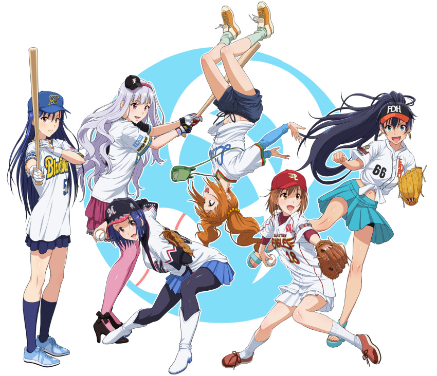 6+girls :d anklet arms_up baseball_bat baseball_cap baseball_mitt baseball_uniform bike_shorts black_footwear black_hair black_legwear black_shorts black_skirt blue_eyes blue_footwear blue_hair blue_headwear blue_legwear blue_shorts blue_skirt blue_sleeves brown_eyes brown_hair character_request copyright_request dress_shirt earrings eyebrows_visible_through_hair floating_hair fukuoka_daei_hawks full_body ganaha_hibiki gloves green_hair green_legwear hair_between_eyes hair_ornament hairband hat high_heels high_ponytail highres hokkaido_nippon-ham_fighters holding idolmaster idolmaster_(classic) jewelry kinetsu_buffaloes kisaragi_chihaya kneehighs layered_skirt long_hair long_sleeves looking_at_viewer midriff miniskirt multiple_girls navel nigou nippon_professional_baseball open_mouth orix_blue_wave orix_buffaloes otonashi_kotori pencil_skirt pink_legwear pleated_skirt pump purple_skirt red_eyes red_hairband red_sleeves saitama_seibu_lions sandals shijou_takane shiny shiny_hair shiny_skin shirt shoes short_hair short_over_long_sleeves short_shorts short_sleeves shorts silver_hair skirt smile sneakers socks sportswear standing stomach suzuki_ichirou takatsuki_yayoi thighhighs tied_shirt twintails upside-down very_long_hair white_gloves white_shirt yellow_footwear zettai_ryouiki