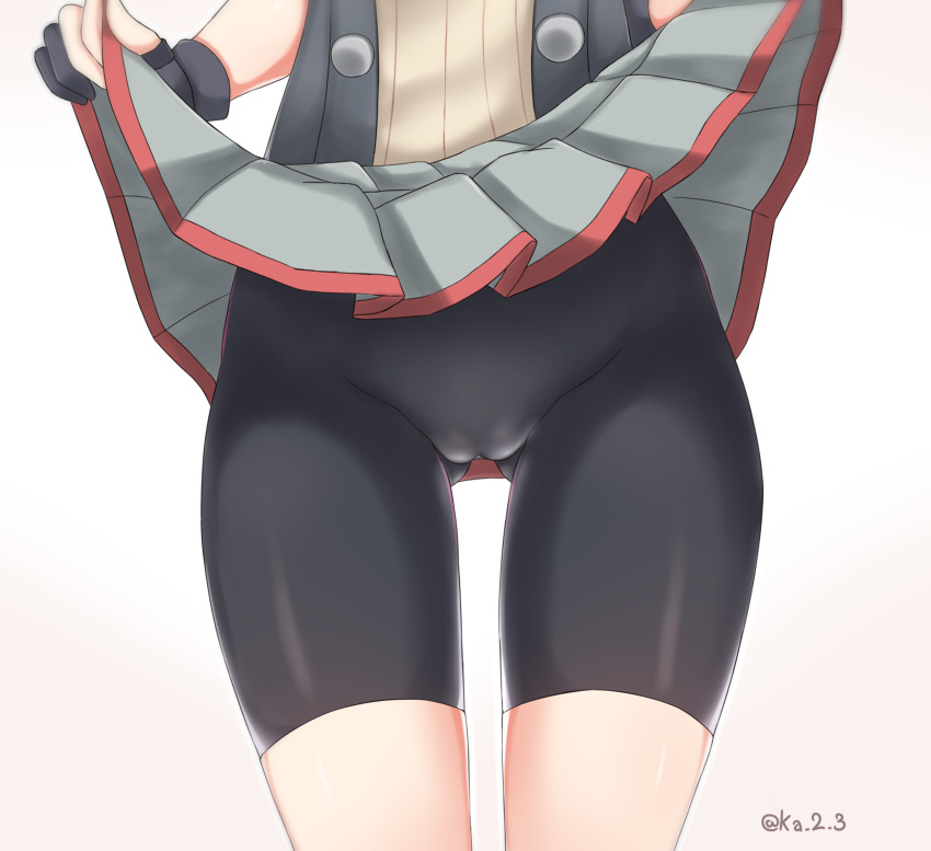 1girl absurdres abukuma_(kantai_collection) ass_visible_through_thighs bike_shorts black_gloves black_jacket buttons cameltoe close-up commentary gloves gradient gradient_background grey_skirt groin highres jacket ka_tsumi kantai_collection lifted_by_self partly_fingerless_gloves pleated_skirt remodel_(kantai_collection) shorts shorts_under_skirt simple_background skirt skirt_lift solo thighs twitter_username white_background