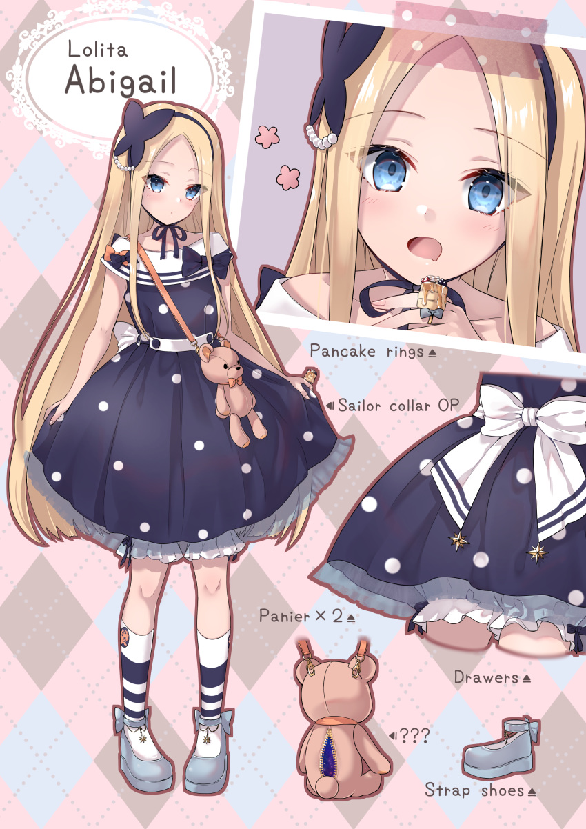 1girl abigail_williams_(fate/grand_order) absurdres adapted_costume back_bow bangs black_bow black_dress blonde_hair blue_dress blue_eyes blue_footwear blush bow dress fate/grand_order fate_(series) food_themed_ornament forehead full_body hair_bow hairband hane_yuki highres jewelry kneehighs lolita_fashion long_hair looking_at_viewer multiple_views open_mouth orange_bow parted_bangs ring shoe_ribbon shoes socks striped striped_legwear stuffed_animal stuffed_toy teddy_bear white_bow