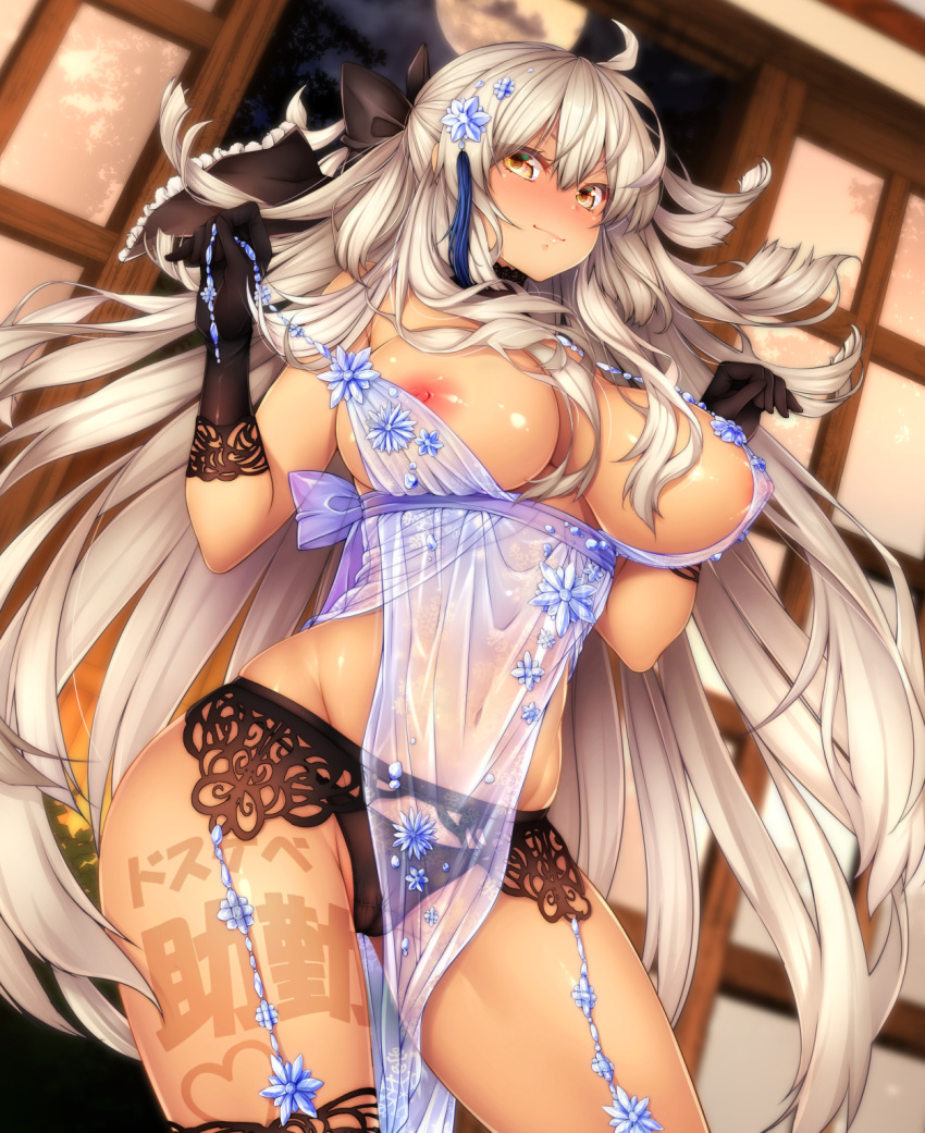 1girl ahoge alternate_costume architecture artoria_pendragon_(all) artoria_pendragon_(lancer_alter) artoria_pendragon_(lancer_alter)_(cosplay) black_bow black_gloves black_legwear black_panties blush body_writing bow breasts choker cosplay dark_skin east_asian_architecture fate/grand_order fate_(series) garter_belt gloves hair_bow highres indoors large_breasts lingerie long_hair looking_at_viewer mia_(gute-nacht-07) moon navel nipple_slip nipples nose_blush okita_souji_(alter)_(fate) okita_souji_(fate)_(all) panties revealing_clothes royal_icing see-through solo thighhighs underwear white_hair yellow_eyes