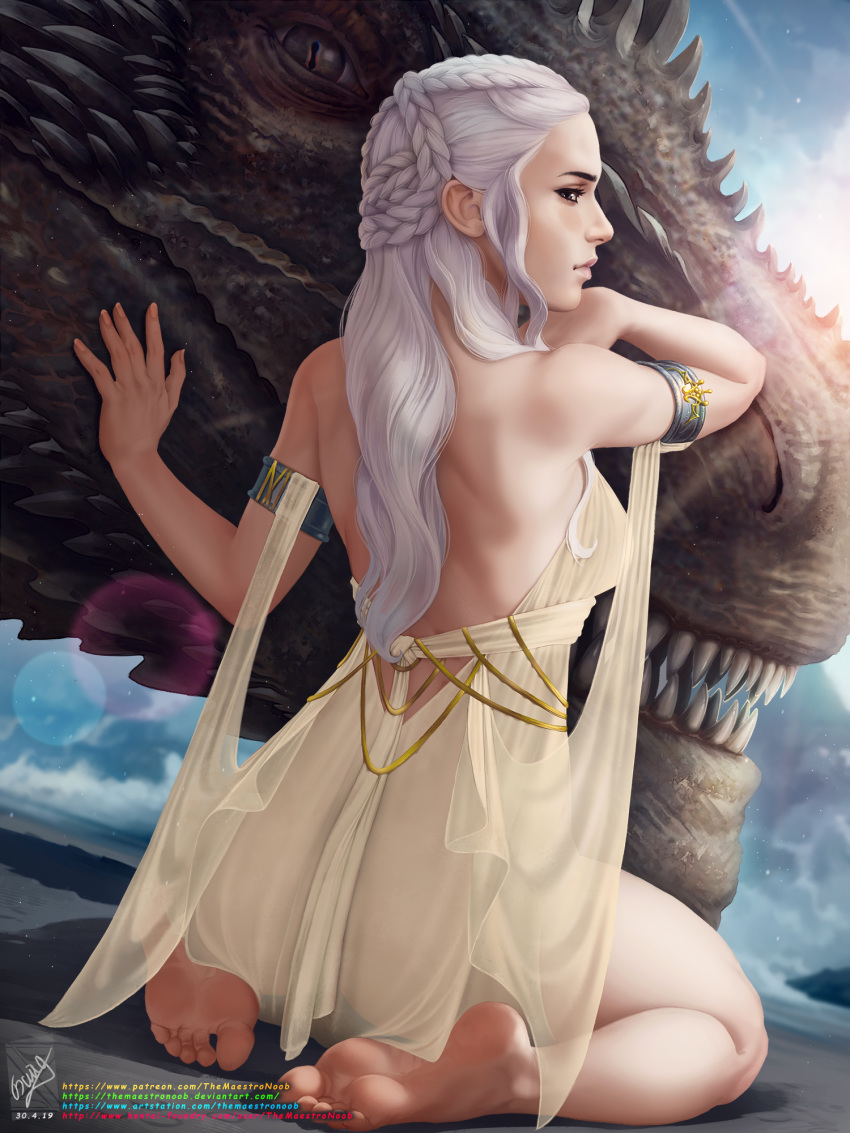 5_toes absurd_res alternate_version_at_source ambiguous_form ambiguous_gender butt clothed clothing cloud colored daenerys_targaryen dragon drogon duo feet female female_focus game_of_thrones hair hi_res human human_focus long_hair looking_at_viewer looking_back mammal sitting size_difference soles solo_focus themaestronoob toes translucent white_hair