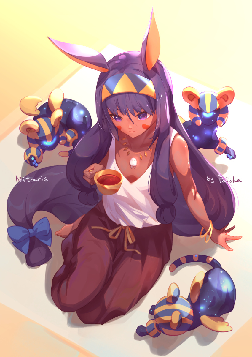 &lt;o&gt;_&lt;o&gt; 1girl alternate_costume animal_ears brown_pants collarbone creature cup dark_skin facepaint facial_mark faicha fate/grand_order fate_(series) from_above highres holding holding_cup jackal_ears jewelry long_hair low-tied_long_hair medjed necklace nitocris_(fate/grand_order) pants purple_eyes purple_hair sidelocks sitting sleeveless tank_top very_long_hair white_tank_top yokozuwari