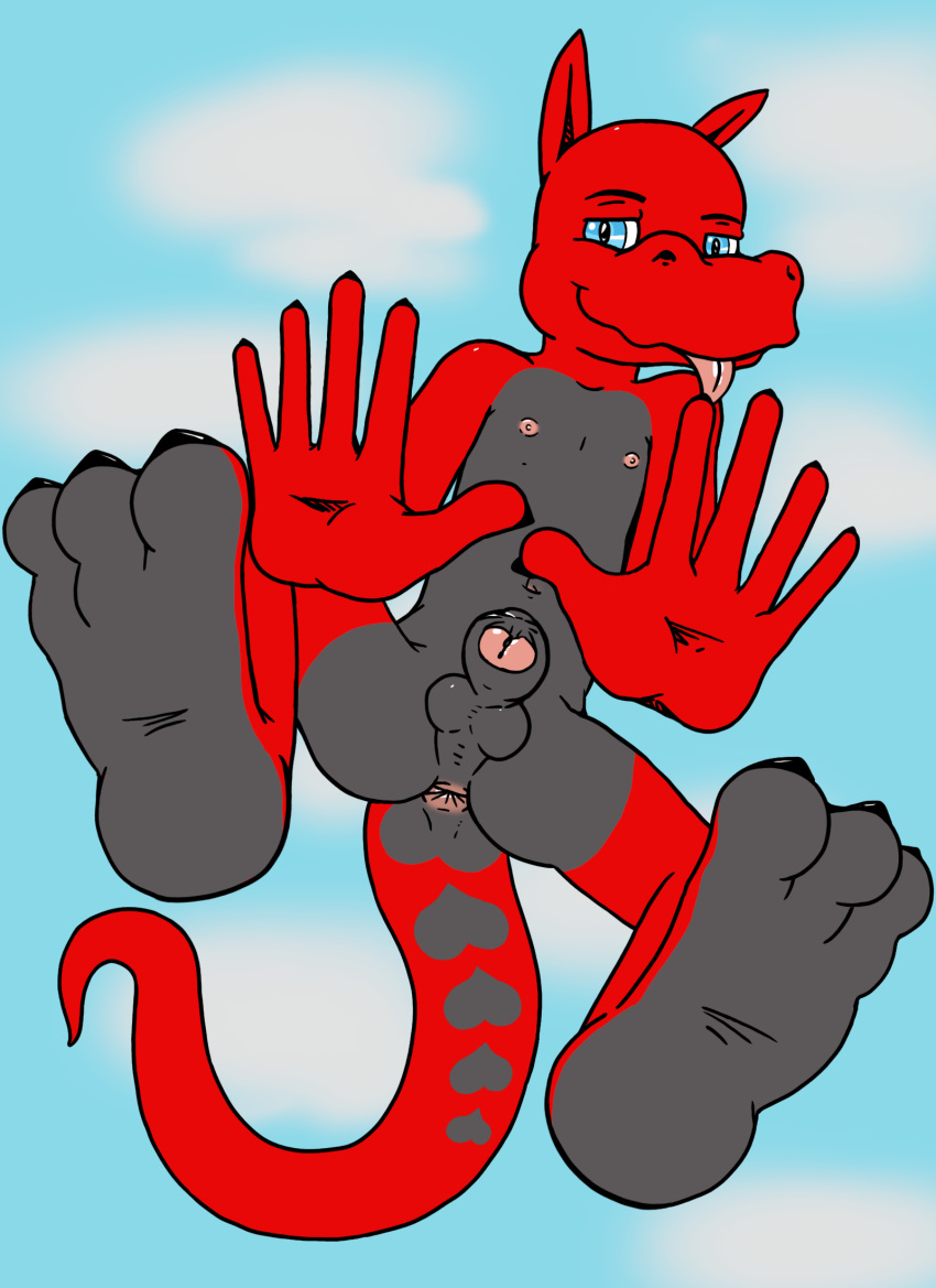 &lt;3 &lt;3_marking 3_toes 5_fingers anthro anus balls biped blue_background blue_eyes butt cloud digital_media_(artwork) dragon feet grey_scales hi_res long_ears long_tail looking_at_viewer male multicolored_scales nipples nude outside penis red_scales red_tail rubis rubisdrake scales scalie simple_background smile solo toes tongue tongue_out two_tone_scales uncut