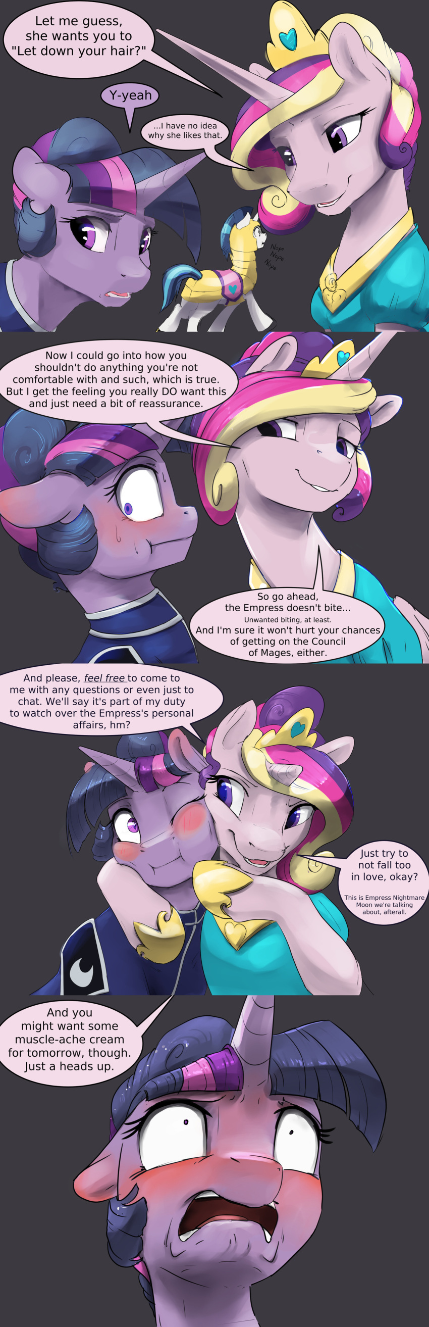 2019 absurd_res blush brother clothed clothed_feral clothing comic dialogue english_text equid feral friendship_is_magic hi_res horn mammal my_little_pony nope open_mouth open_smile princess_cadance_(mlp) shining_armor_(mlp) shocked sibling silfoe sister slit_pupils smile teeth text twilight_sparkle_(mlp) unicorn uniform winged_unicorn wings