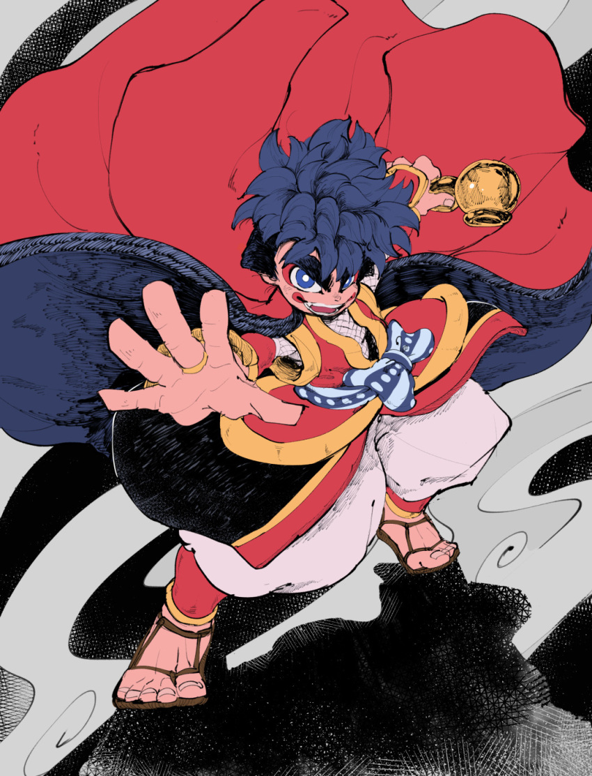 1boy alternate_costume baggy_pants blue_eyes blue_hair bodysuit bright_pupils cloak cloak_lift ezume_(rosehip) facepaint fishnet_armwear fishnet_bodysuit fishnets ganbare_goemon gauntlets goemon grin highres kiseru makeup ninja no_socks open_mouth open_palm pants pipe pose sandals sash smile smoke solo spiked_hair thick_eyebrows white_pupils