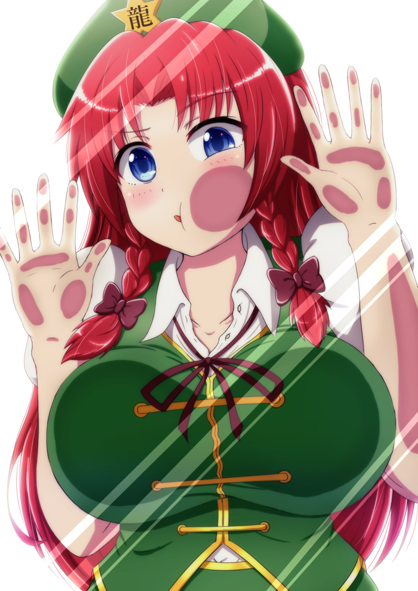 1girl against_glass blue_eyes braid breasts chinese_clothes collarbone collared_shirt commentary commentary_request eyebrows_visible_through_hair hair_between_eyes hat highres hong_meiling jewelry large_breasts long_hair looking_at_viewer necklace red_hair shirt simple_background solo sotomichi tangzhuang tongue touhou twin_braids unbuttoned upper_body white_background white_shirt