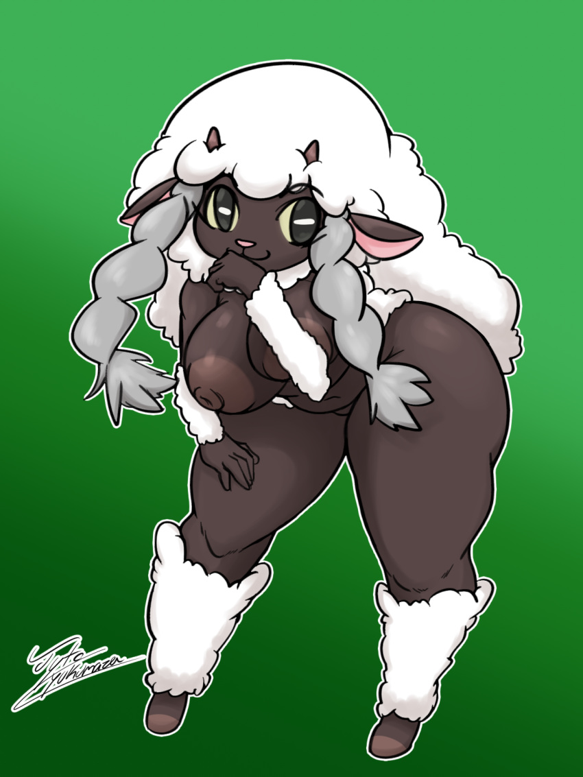 5_fingers anthro big_breasts bovid breasts caprine female jyto looking_at_viewer mammal nintendo pigtails pok&eacute;mon pok&eacute;mon_(species) signature slightly_chubby solo video_games wool wooloo