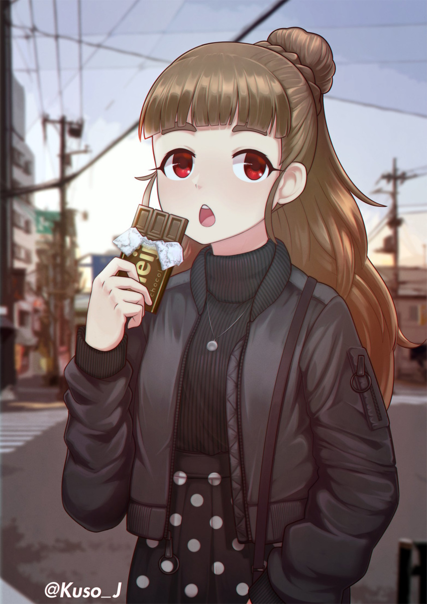 1girl artist_name black_skirt breasts brown_hair character_request chocolate_bar coat day eyebrows food hand_in_pocket highres holding holding_food idolmaster idolmaster_cinderella_girls jacy jewelry looking_at_viewer medium_breasts meiji_(brand) necklace open_mouth outdoors polka_dot_skirt red_eyes skirt solo sweater twitter_username