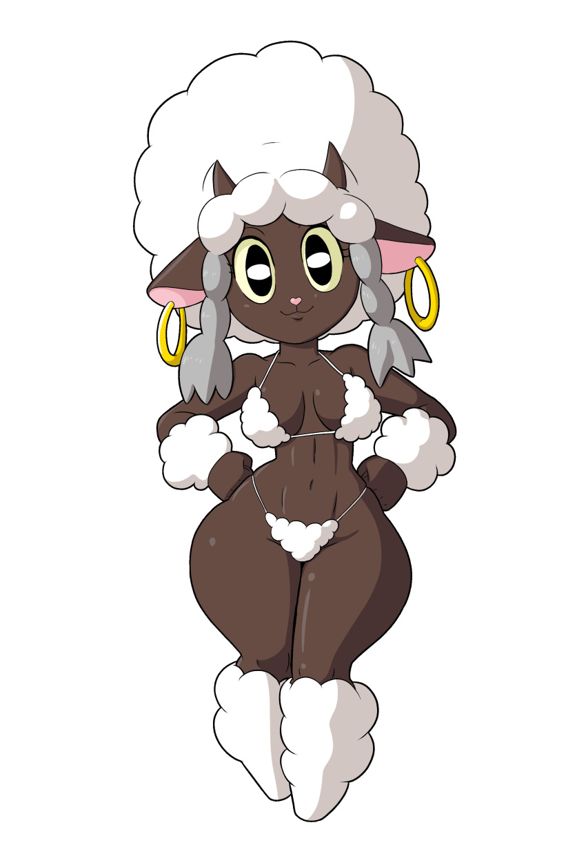 2019 anthro anthrofied big_breasts bovid breasts caprine clothed clothing ear_piercing female fur horn looking_at_viewer mammal nintendo piercing pink_nose pok&eacute;mon pok&eacute;mon_(species) pok&eacute;morph short_stack simple_background solo tansau video_games wool wooloo