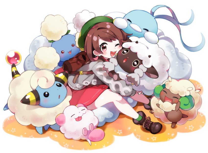 1girl altaria backpack bag bangs bird black_sclera blush blush_stickers bob_cut boots brown_eyes brown_footwear brown_hair cardigan closed_eyes commentary_request dress female_protagonist_(pokemon_swsh) fluffy full_body gen_8_pokemon green_headwear green_legwear grey_cardigan hat highres holding holding_pokemon jumpluff kurihara_sakura long_sleeves mareep one_eye_closed open_mouth pink_dress pokemon pokemon_(creature) pokemon_(game) pokemon_swsh round_teeth sheep short_hair sitting smile socks swirlix tam_o'_shanter teeth whimsicott wooloo