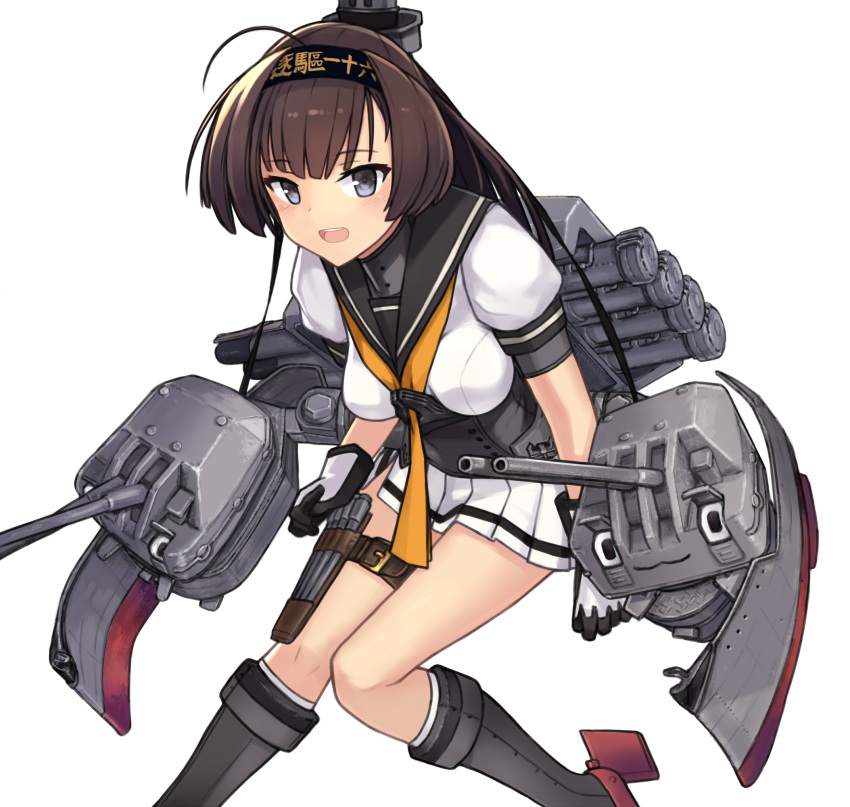 akizuki_(kantai_collection) black_hair boots breasts chou-10cm-hou-chan grey_eyes grey_footwear high_heel_boots high_heels highres kantai_collection long_hair mcan medium_breasts miniskirt rigging school_uniform serafuku shirt short_sleeves skirt white_shirt white_skirt