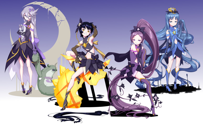 4girls absurdly_long_hair absurdres adjusting_hair alternate_color alternate_eye_color alternate_hair_color alternate_hair_length alternate_hairstyle armpits asymmetrical_clothes bare_shoulders black_gloves black_hair blue_eyes blue_hair boots bow brown_eyes brown_gloves cape commentary corruption crack cure_blossom cure_marine cure_moonlight cure_sunshine dark_persona dress dripping earrings elbow_gloves evil_grin evil_smile eyelashes flower full_body gem gloves gradient gradient_background grin hair_bow hair_flower hair_ornament hair_ribbon hanasaki_tsubomi heartcatch_precure! high_heel_boots high_heels highres holding jewelry knee_boots kurumi_erika leaf long_hair looking_at_viewer magical_girl matatabi_(karukan222) midriff multiple_girls myoudouin_itsuki navel navel_cutout ponytail precure purple_eyes purple_hair purple_legwear raised_eyebrow ribbon severed_hair short_hair sitting skirt smile standing teeth thigh_boots thighhighs thorns tiara tsukikage_yuri very_long_hair what_if white_background