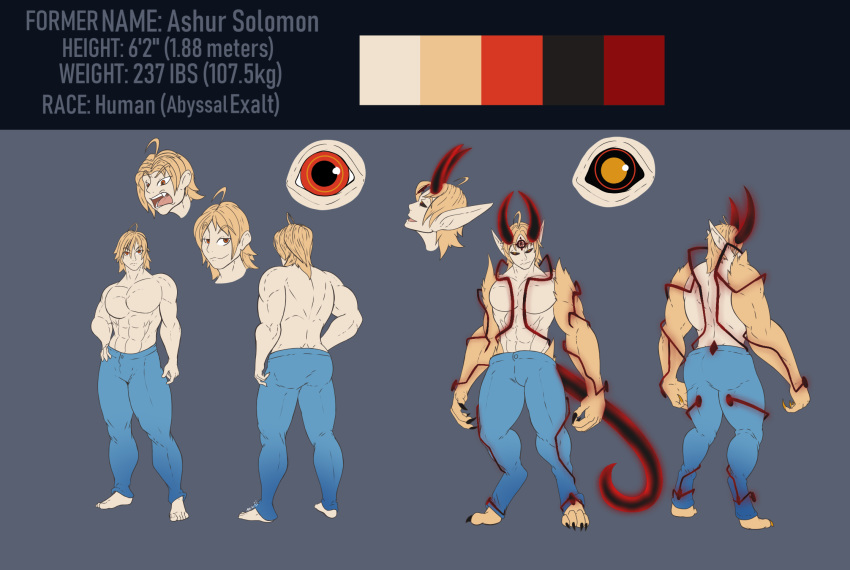 4_toes asian_mythology black_sclera claws clothing demon east_asian_mythology energy exalted fur glowing hi_res horn human japanese_mythology male mammal model_sheet mythology oni pants solo toes undeadkitty13 yōkai