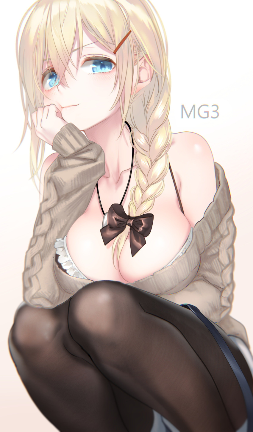 1girl absurdres alternate_costume aran_sweater bangs black_legwear black_ribbon blonde_hair blue_eyes blush braid breasts camisole character_name cleavage closed_mouth dog_tags girls_frontline hair_between_eyes hair_ornament hair_over_shoulder hair_ribbon hairclip highres jewelry large_breasts long_hair long_sleeves looking_at_viewer mg3_(girls_frontline) necklace off-shoulder_sweater off_shoulder pantyhose pottsness ribbon simple_background single_braid solo squatting strap_slip sweater