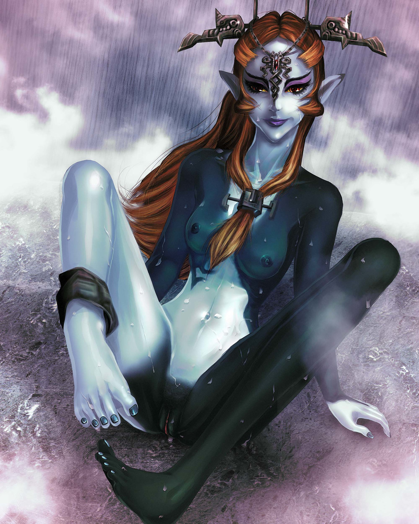 1girl barefoot bcs black_skin breasts buttercupsaiyan feet female highres legend_of_zelda long_hair midna midna_(true) nail_polish navel nude pointy_ears pussy red_hair solo spoilers the_legend_of_zelda the_legend_of_zelda:_twilight_princess toes twili_midna twilight_princess uncensored wet white_skin