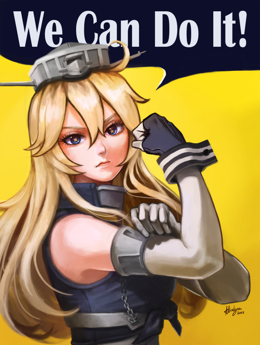 1girl arise_(allicenogalca) blonde_hair blue_eyes bras_d'honneur breasts commentary_request elbow_gloves english_text fingerless_gloves front-tie_top gloves hand_on_own_arm headgear highres iowa_(kantai_collection) kantai_collection large_breasts lips long_hair looking_at_viewer parody rosie_the_riveter signature solo star star-shaped_pupils symbol-shaped_pupils upper_body we_can_do_it! yellow_background