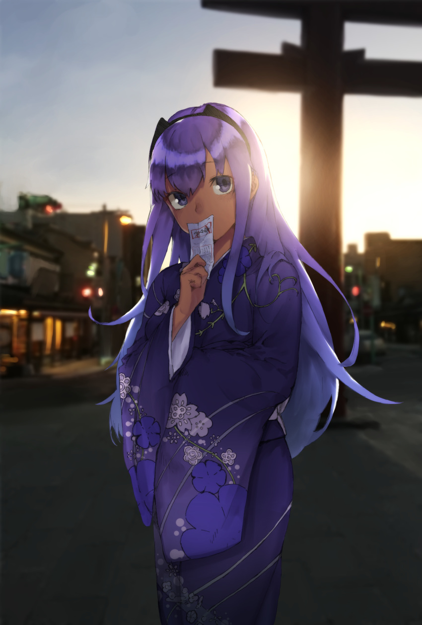 1girl absurdres alternate_costume alternate_hair_length alternate_hairstyle black_hairband city commentary_request covering_mouth dark_skin fate/grand_order fate/prototype fate/prototype:_fragments_of_blue_and_silver fate_(series) floral_print hairband hassan_of_serenity_(fate) hekonda_kan highres holding holding_paper japanese_clothes kimono long_hair paper print_kimono purple_eyes purple_hair purple_kimono sidelocks solo torii wide_sleeves