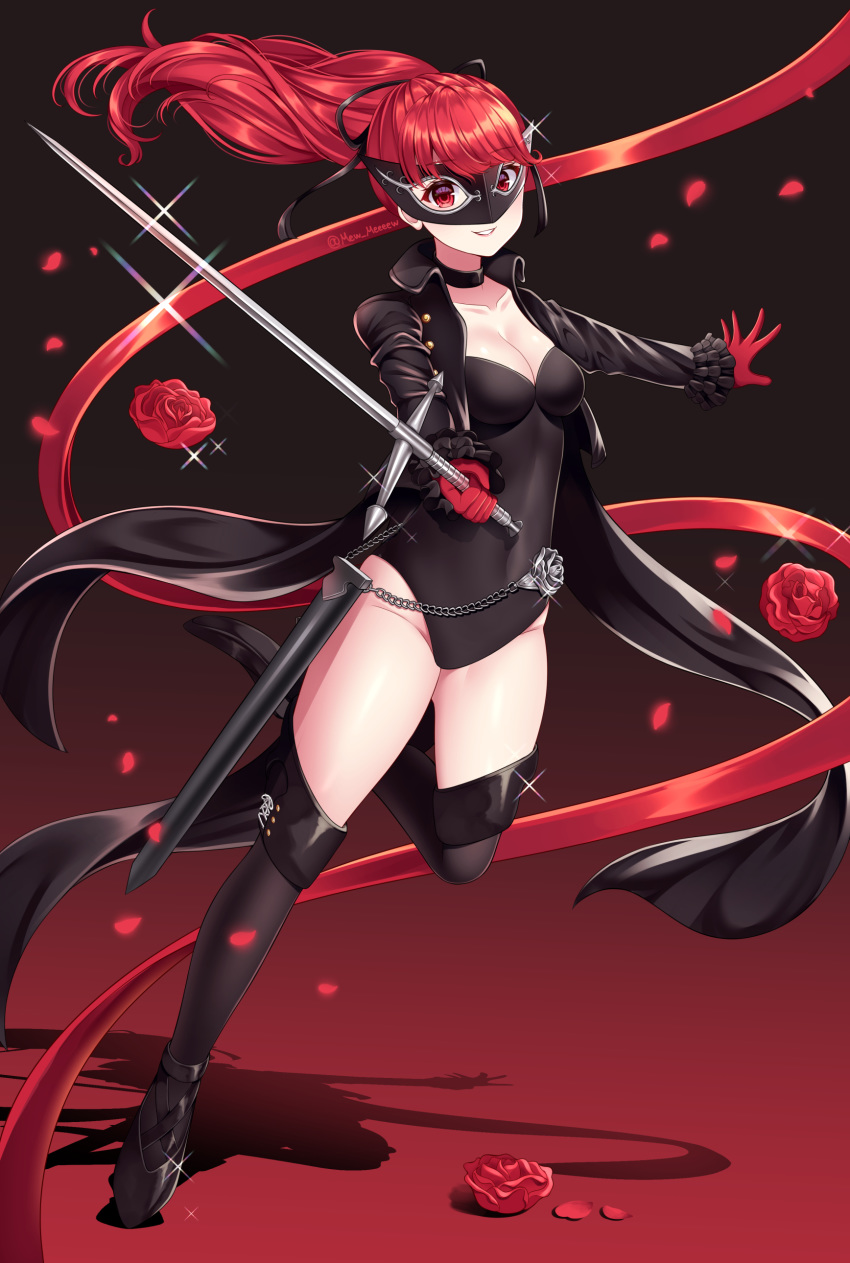 1girl absurdres bangs black_background black_legwear black_leotard black_ribbon breasts cleavage collar collarbone eyebrows_visible_through_hair floating_hair flower gloves grin hair_ribbon highres leg_up leotard long_hair looking_at_viewer mask medium_breasts nabekokoa outstretched_arm persona_5_the_royal petals ponytail red_background red_eyes red_flower red_gloves red_hair red_ribbon red_rose ribbon rose rose_petals shiny shiny_hair smile solo sparkle striped_leotard thighhighs two-tone_background yoshizawa_kasumi