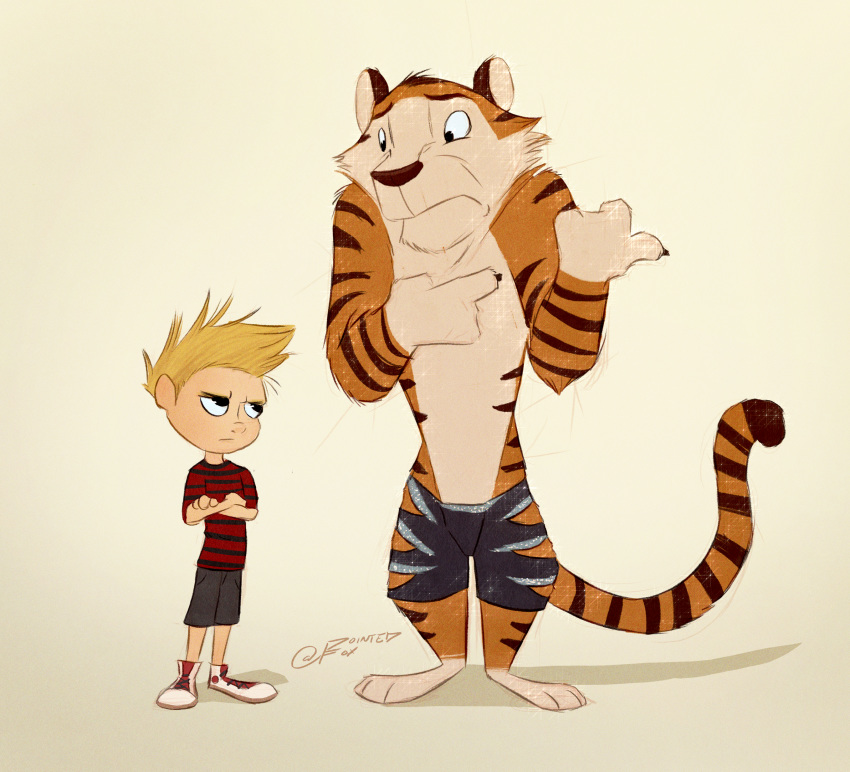 2017 3_toes absurd_res barefoot blonde_hair bottomwear calvin_(calvin_and_hobbes) calvin_and_hobbes clothed clothing crossed_arms disney duo felid footwear fur grainy hair hi_res hobbes human looking_at_another male mammal orange_fur pantherine plantigrade pointedfox shirt shoes shorts simple_background standing striped_tail stripes tiger toes topless topwear young zootopia zootopia_shorts