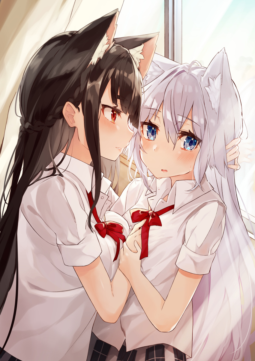 2girls animal_ear_fluff animal_ears bangs black_hair black_skirt blue_eyes blush bow bowtie braid cat_ears collared_shirt commentary curtains eyebrows_visible_through_hair french_braid hand_on_another's_chest highres long_hair looking_at_another looking_to_the_side multiple_girls nuko_miruku open_mouth original parted_lips plaid plaid_skirt red_eyes red_neckwear shirt short_sleeves silver_hair skirt sweatdrop very_long_hair white_shirt window wrist_grab yuri