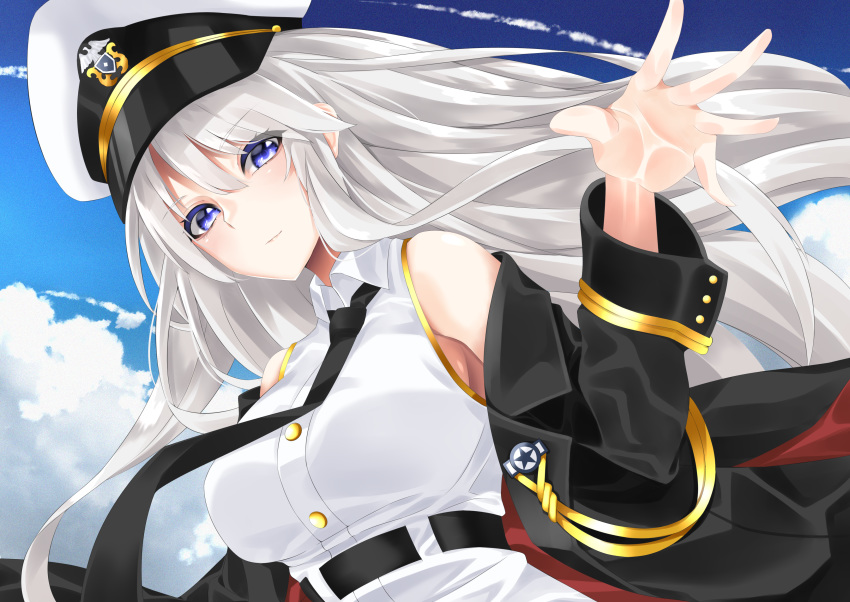 1girl absurdres azur_lane belt black_belt black_coat black_neckwear cloud cloudy_sky coat collared_shirt enterprise_(azur_lane) eyebrows_visible_through_hair hat highres military military_hat necktie open_clothes open_coat peaked_cap purple_eyes shirt silver_hair sky sleeveless sleeveless_shirt solo surota underbust white_headwear