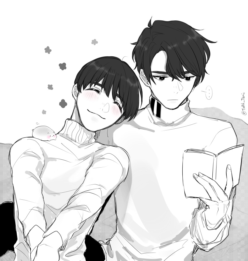 ... 2boys ^_^ absurdres animal animal_on_shoulder blush book closed_eyes flower_(symbol) greyscale hamster head_on_another's_shoulder highres lee_seung-gil male_focus monochrome multiple_boys phichit_chulanont reading smile spoken_ellipsis spot_color sweater torisan_(rinlen1827) turtleneck turtleneck_sweater twitter_username yaoi yuri!!!_on_ice