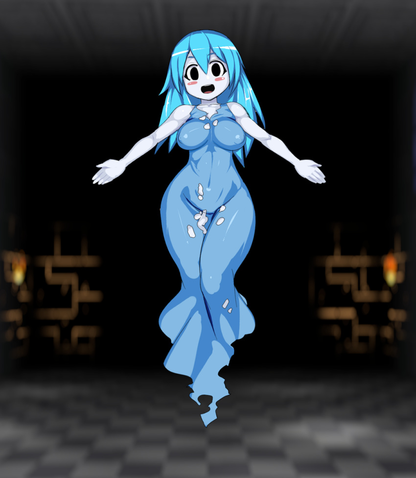 2016 blue_hair blush breasts clothed clothing female floating ghost hair hi_res humanoid long_hair looking_at_viewer navel nipple_outline nisetanaka not_furry solo spirit spooky's_jump_scare_mansion spooky_(sjm)