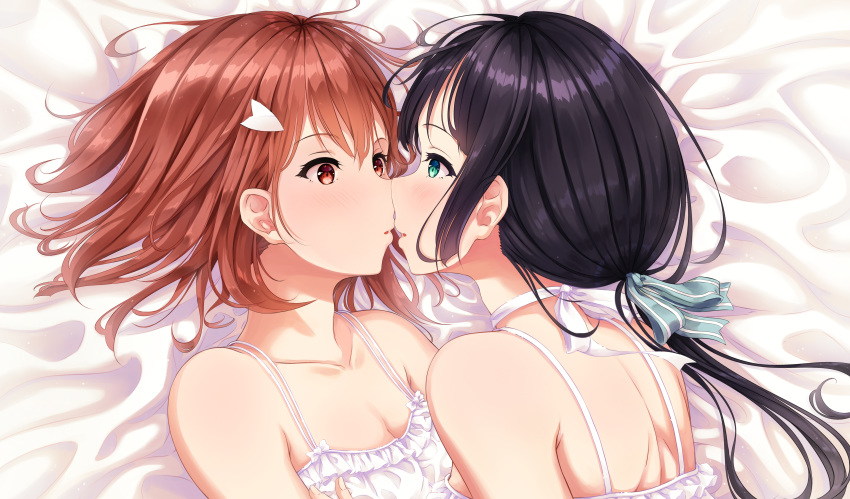 2girls absurdres aqua_ribbon bed_sheet black_hair brown_hair choker dress eye_contact green_eyes hair_ornament hair_ribbon hairclip highres imminent_kiss itaro long_hair looking_at_another multiple_girls open_mouth red_eyes ribbon ribbon_choker shiny shiny_hair short_hair shoulder_blades sleeveless sleeveless_dress tougou_mimori upper_body white_dress white_ribbon yuri yuuki_yuuna yuuki_yuuna_wa_yuusha_de_aru yuusha_de_aru