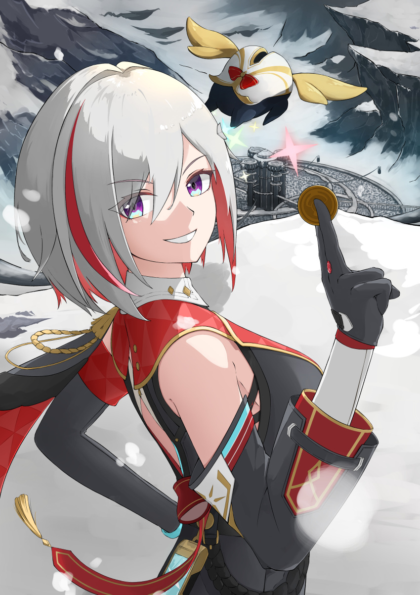 absurdres black_gloves blue_eyes coin detached_sleeves gloves grin highres holding holding_coin honkai:_star_rail honkai_(series) looking_at_viewer multicolored_hair numby_(honkai:_star_rail) red_hair short_hair sleeveless smile snow split-color_hair streaked_hair takapon1686 topaz_(honkai:_star_rail) two-tone_hair upper_body white_hair