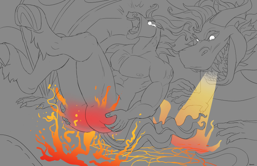 ambiguous_gender anthro bodily_fluids breath_powers burning butt butt_on_fire digital_media_(artwork) dragon duo elemental_manipulation equid equine fire fire_breathing fire_manipulation hi_res horse lava male mammal pain phillabuster size_difference tears torture