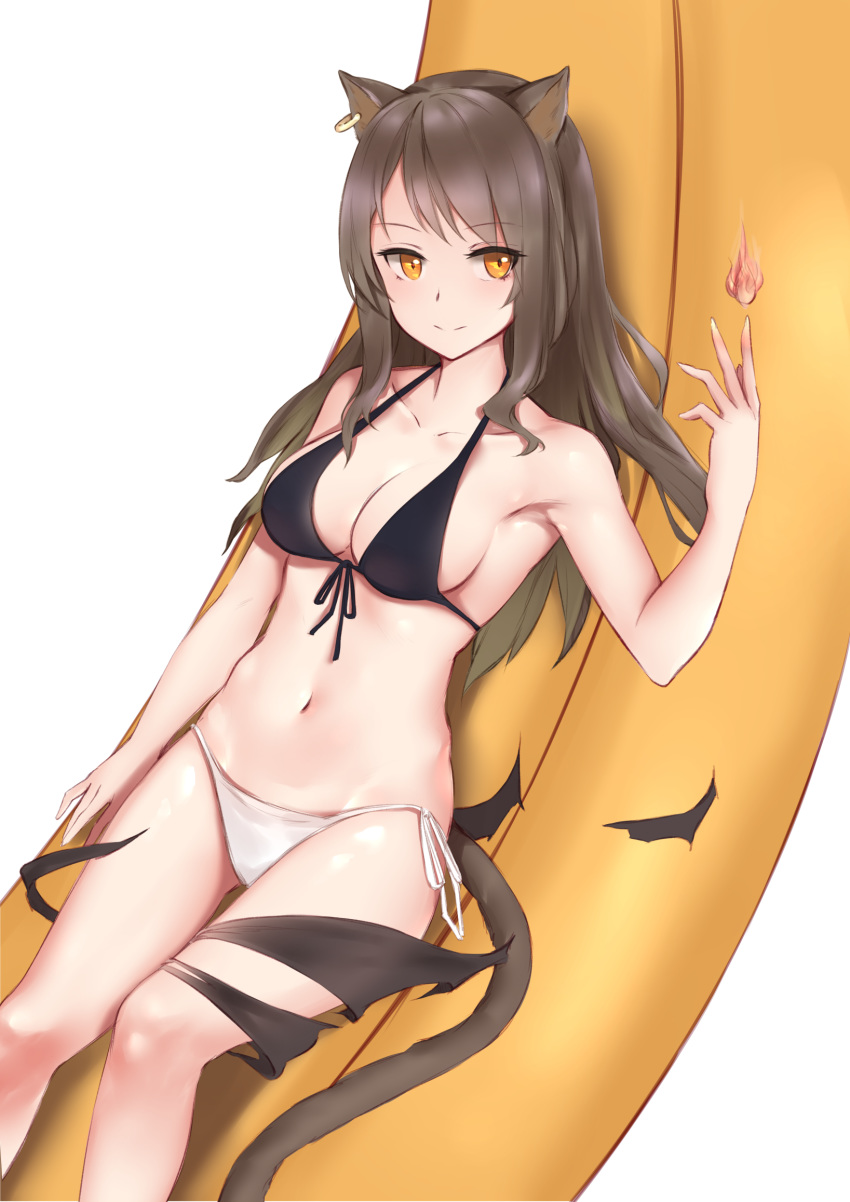 1girl animal_ears arknights bangs bare_arms bare_shoulders bikini black_bikini_top breasts brown_eyes brown_hair cat_ears cat_girl cat_tail cleavage closed_mouth collarbone commentary_request eyebrows_visible_through_hair fire front-tie_bikini front-tie_top hand_up highres jilu long_hair medium_breasts navel side-tie_bikini skyfire_(arknights) smile solo swimsuit tail white_background white_bikini_bottom