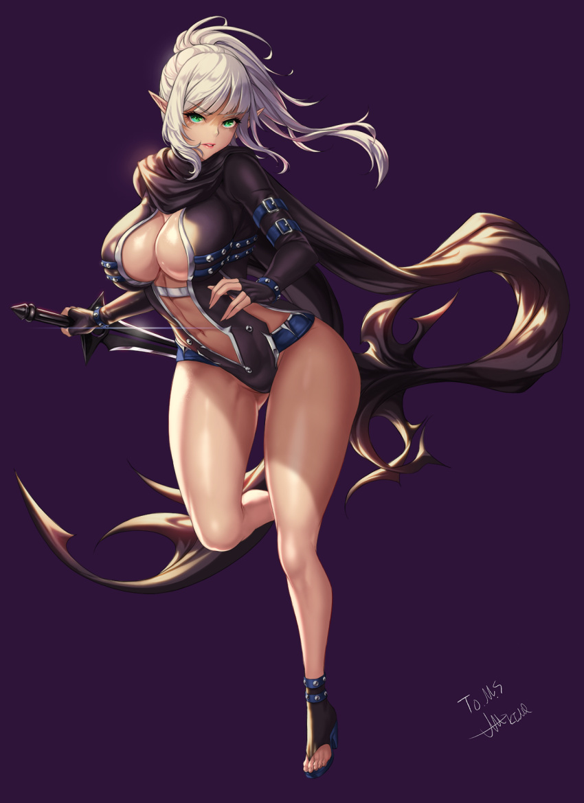 1girl black_leotard black_scarf breasts center_opening cleavage curvy dark-skinned_female dark_skin dungeon_and_fighter elf green_eyes grey_hair high_heels highres holding holding_sword holding_weapon large_breasts legs leotard long_hair mad_kimo original parted_lips pointy_ears ponytail purple_background scarf simple_background solo sword thick_thighs thighs weapon