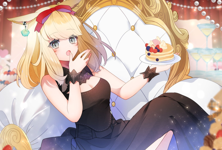 1girl black_dress blonde_hair bow breasts cleavage colored_eyelashes commission dress final_fantasy final_fantasy_xiv food grey_eyes hair_bow highres long_dress long_hair miqo'te open_mouth pancake red_bow skeb_commission solo swept_bangs throne wrist_cuffs yae_(yae_ringo)