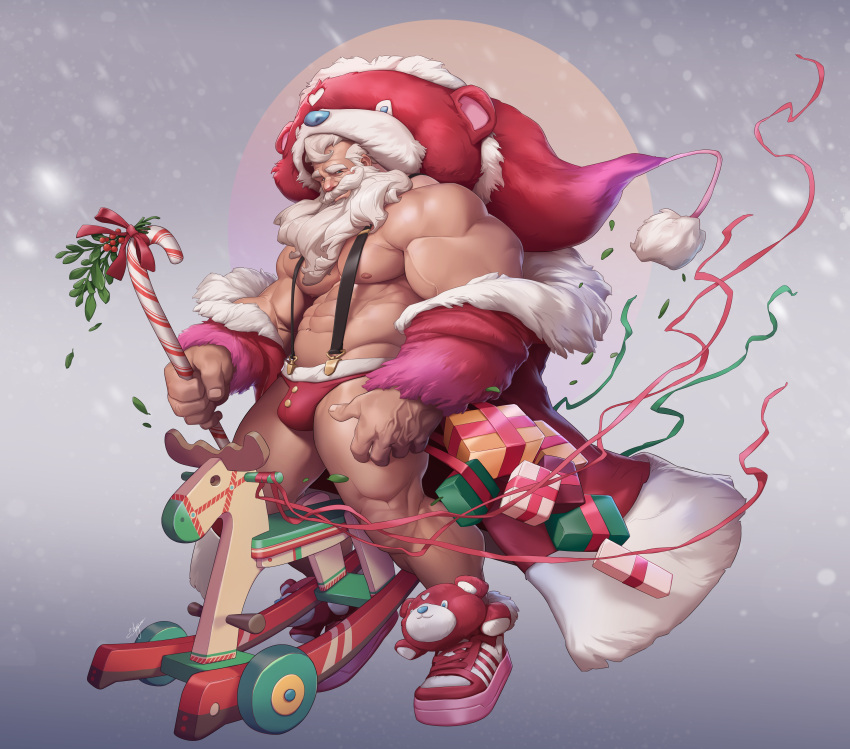 1boy abs absurdres animal_hood bara bear_hood beard bulge candy candy_cane character_costume character_request christmas coat facial_hair food from_side full_beard fur-trimmed_jacket fur-trimmed_shorts fur_trim hat highres holding holding_candy holding_candy_cane holding_food hood jacket jacket_partially_removed large_hands large_pectorals long_beard long_mustache looking_at_viewer male_focus mature_male muscular muscular_male navel nipples old old_man original pectorals receding_hairline red_headwear santa_claus santa_costume santa_hat seductive_smile short_hair short_shorts shorts silverjow sleigh smile solo suspenders thick_arms thick_beard thick_eyebrows thick_thighs thighs veins veiny_hands