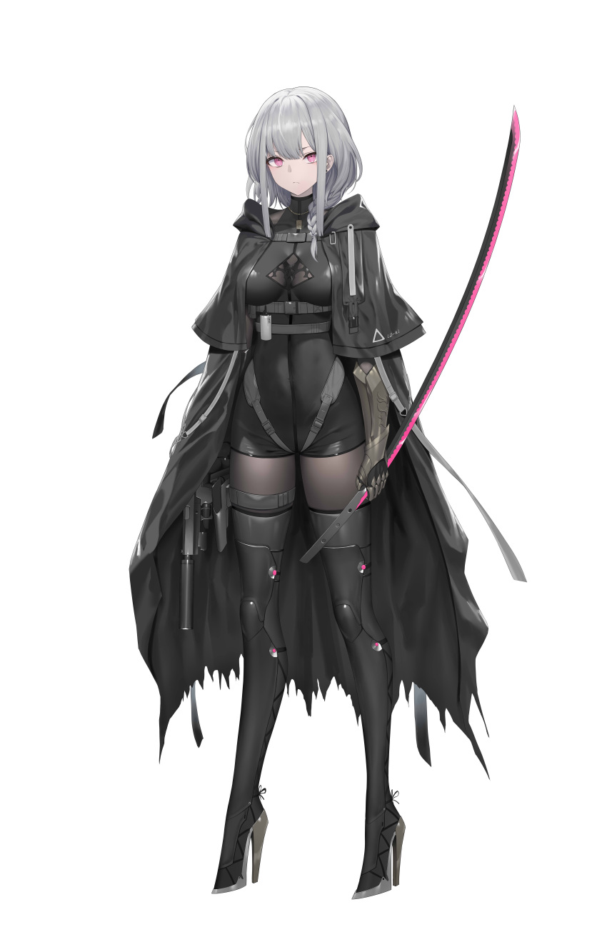 1girl absurdres black_coat black_overalls bodystocking braid cleavage_cutout clothing_cutout coat gauntlets grey_hair gun haze/reverb high_heels highres holding holding_sword holding_weapon looking_at_viewer mechanical_boots medium_hair overalls pantyhose pink_eyes roi_(liu_tian) simple_background single_braid solo sword tachi-e weapon white_background
