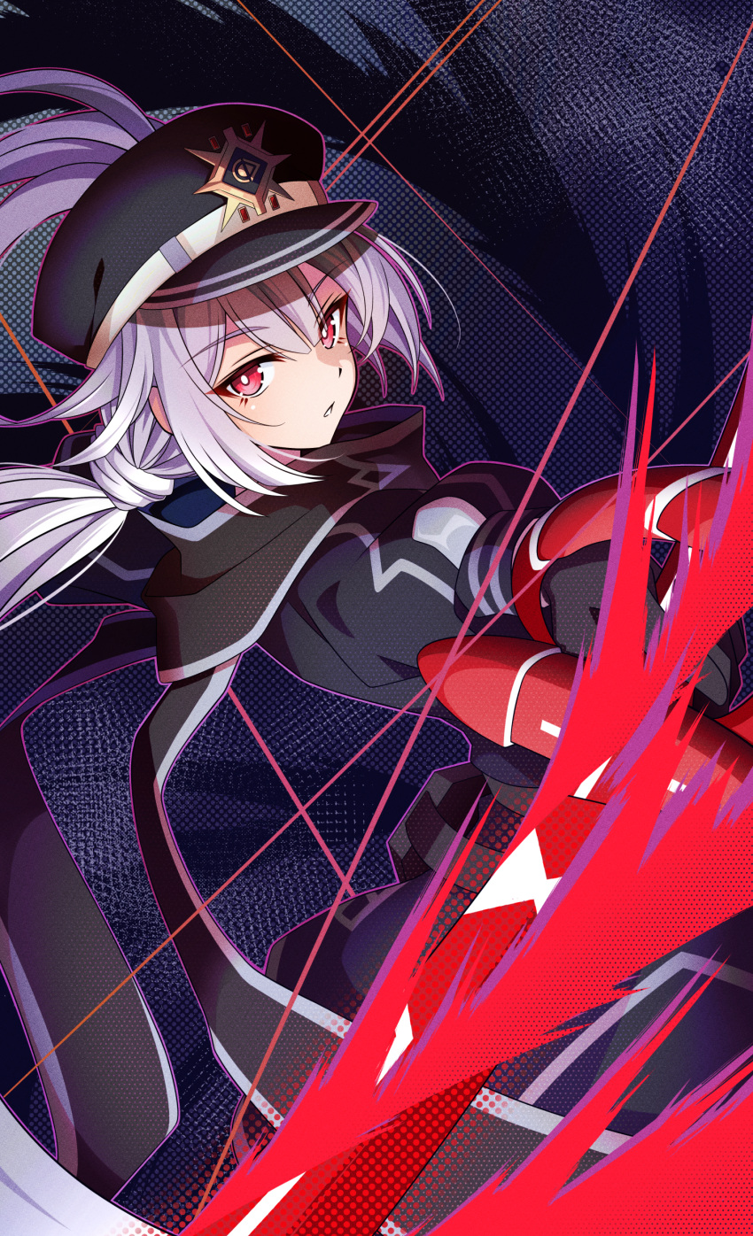 1girl absurdres akizawa black_dress black_gloves black_scarf dress duel_monster gloves hat highres holding holding_sword holding_weapon long_hair parted_lips peaked_cap purple_hair red_eyes scarf sky_striker_ace_-_roze solo sword twintails weapon yu-gi-oh!