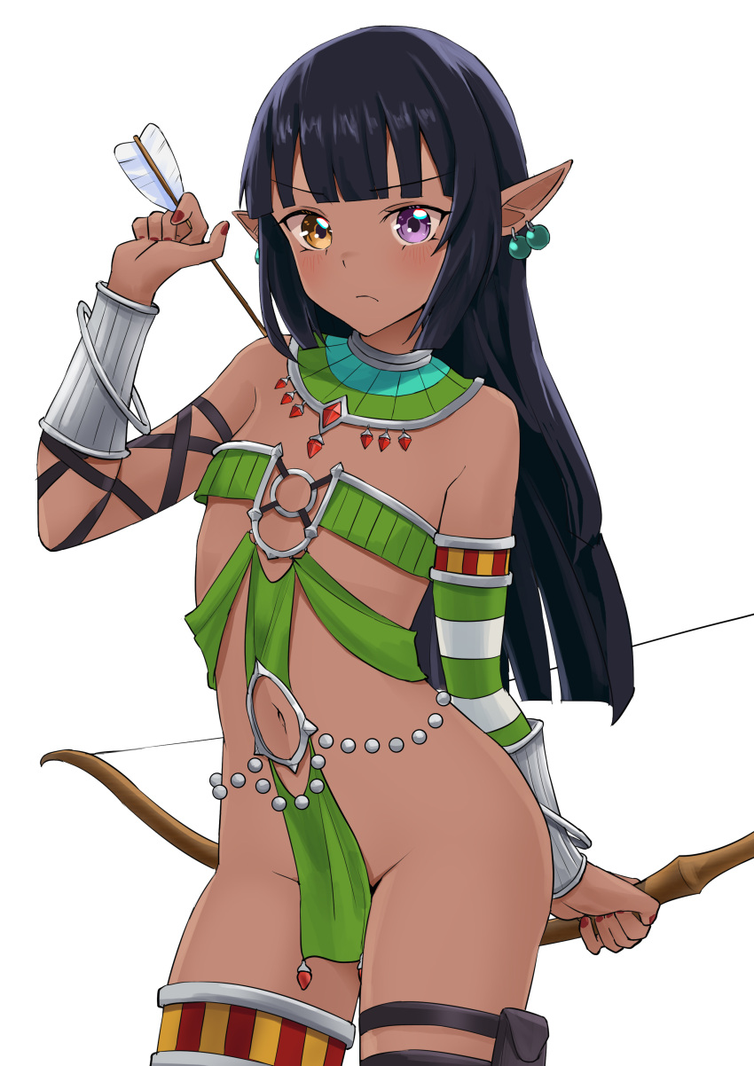1boy absurdres arrow_(projectile) bare_hips black_hair blunt_bangs bow_(weapon) commission convenient_censoring cuffs dark_elf dark_skin detached_sleeves earrings egyptian_clothes elf gem heterochromia highres hime_cut jewelry jtleeklm long_hair looking_at_viewer midriff nail_polish navel no_panties orange_eyes original otoko_no_ko over-kneehighs pearl_earrings pelvic_curtain pixiv_commission pointy_ears purple_eyes quiver red_gemstone revealing_clothes simple_background solo thighhighs usekh_collar weapon white_background