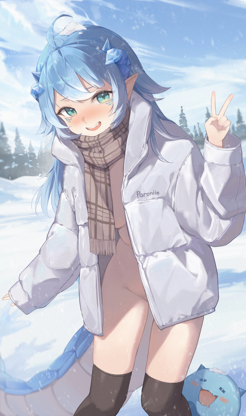 1girl absurdres ahoge aqua_eyes black_thighhighs blue_hair breasts brown_scarf cloud coat cropped_legs double-parted_bangs dragon_girl dragon_horns exitus gradient_hair highres horns long_hair looking_at_viewer mascot medium_breasts midori_xu multicolored_hair naked_coat paroniie_(vtuber) pine_tree pointy_ears scales scarf sidelocks sky slit_pupils snow standing striped striped_scarf thighhighs tree two-tone_hair v virtual_youtuber white_coat white_hair