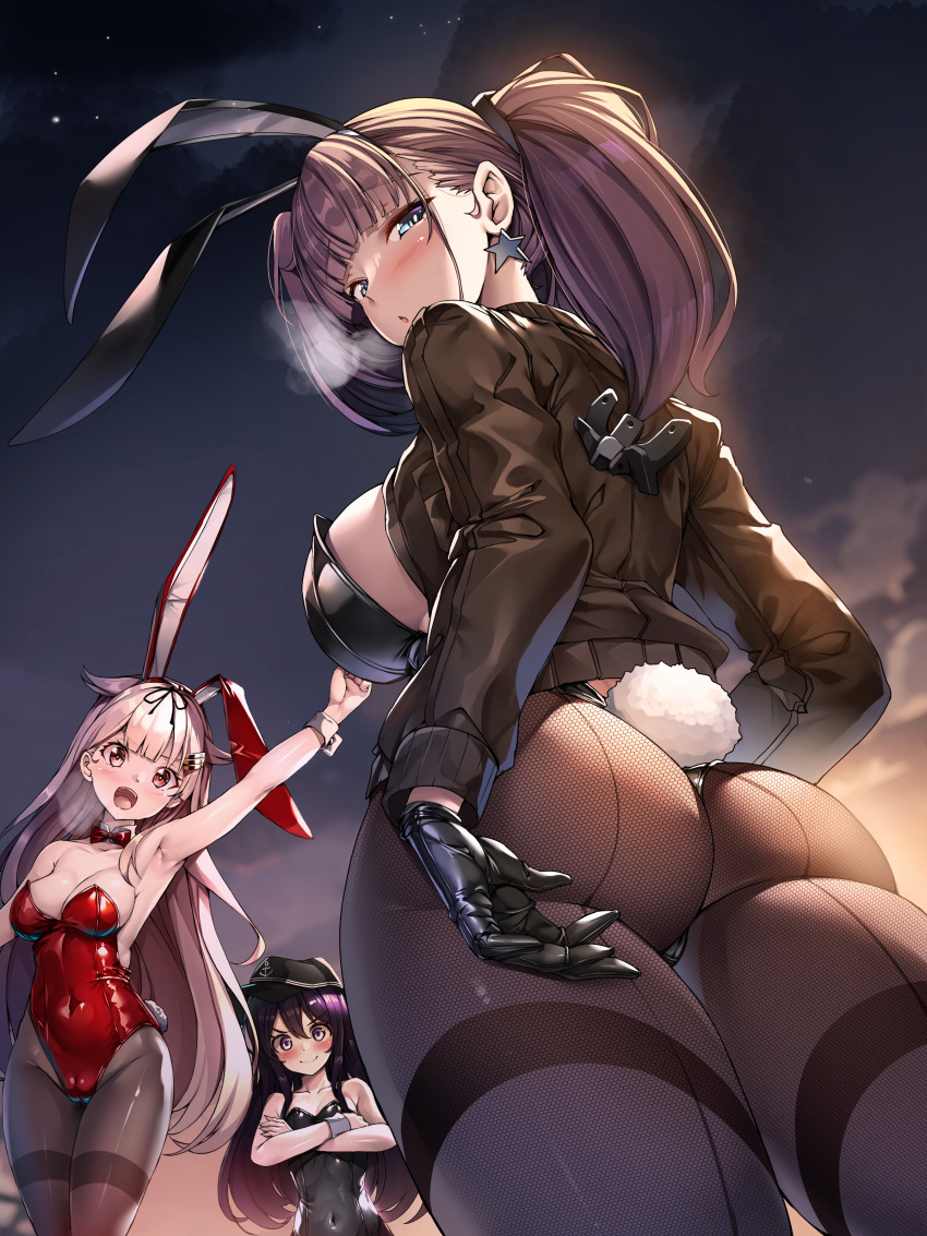 3girls absurdres akatsuki_(kancolle) animal_ears arm_up armpits ass atlanta_(kancolle) black_gloves black_hair black_jacket black_leotard black_pantyhose blonde_hair blush breasts brown_hair cleavage covered_navel crossed_arms earrings fake_animal_ears fake_tail gloves highres jacket jewelry kantai_collection large_breasts leotard long_hair long_sleeves looking_at_viewer looking_back medium_breasts multiple_girls night night_sky outdoors pantyhose playboy_bunny purple_hair rabbit_ears rabbit_tail red_leotard sky smile standing tail thighs torisan twintails yuudachi_(kancolle) yuudachi_kai_ni_(kancolle)