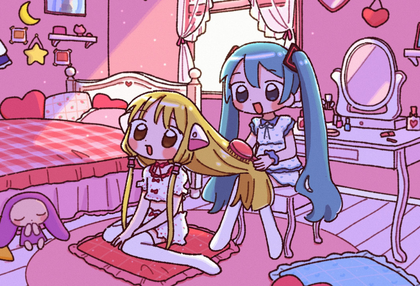 1nupool 2girls android aqua_hair bedroom between_legs blonde_hair blush_stickers brushing_another's_hair brushing_hair chibi chii chobits crossover hair_tubes hand_between_legs hatsune_miku highres indoors lolita_fashion long_hair makeup mirror multiple_girls open_mouth otaku_room pajamas photo_(object) robot_ears sitting sweet_lolita thighhighs v_arms very_long_hair vocaloid wariza white_thighhighs window