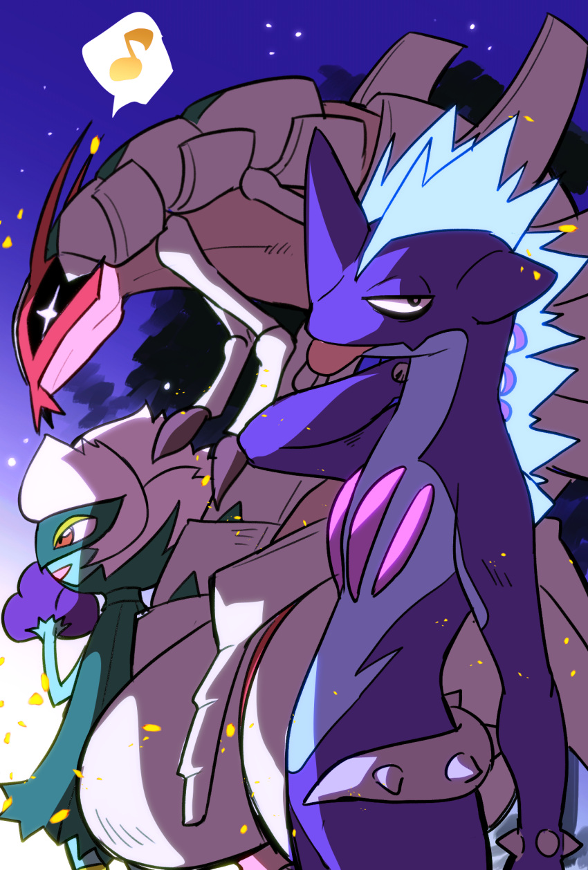 black_eyes bright_pupils claws commentary_request golisopod hand_up highres looking_at_viewer looking_to_the_side musical_note naruse_makoto no_humans open_mouth outdoors pokemon pokemon_(creature) roserade sky smile spoken_musical_note standing tongue tongue_out toxtricity toxtricity_(low_key) white_pupils