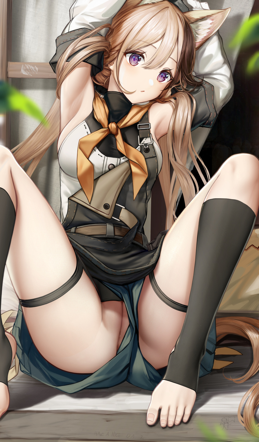 1girl absurdres animal_ear_fluff animal_ears argyle argyle_legwear arknights armpits arms_up black_socks brown_hair cardigan_(arknights) cardigan_(sunny_day)_(arknights) detached_sleeves extra_ears feet foot_out_of_frame grey_shorts hair_between_eyes highres kneehighs knees_up legs long_hair long_sleeves looking_at_viewer multicolored_hair no_panties no_shoes nopetroto parted_lips purple_eyes pussy shirt short_shorts shorts sleeveless sleeveless_shirt socks solo spread_legs stirrup_legwear streaked_hair tail thigh_strap toeless_legwear toes uncensored upshorts variant_set very_long_hair white_shirt white_sleeves