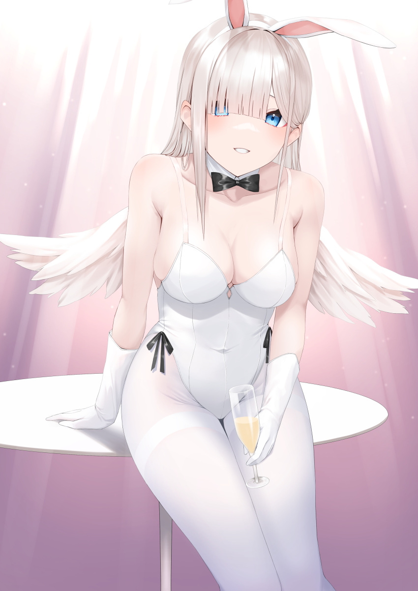 1girl absurdres alcohol angel_wings animal_ears bare_shoulders black_bow black_bowtie blue_eyes bow bowtie champagne champagne_flute collarbone commentary_request cup drinking_glass feathered_wings grin hair_over_one_eye hairband hashiko_nowoto highres holding holding_cup leotard light_brown_hair long_hair looking_at_viewer original pantyhose playboy_bunny rabbit_ears sitting smile solo table thighband_pantyhose white_hairband white_leotard white_pantyhose white_wings wings