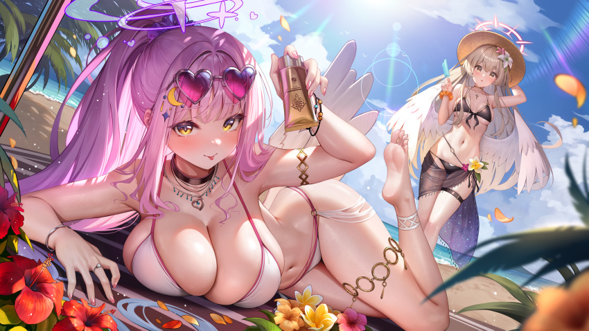2girls :p bare_shoulders barefoot beach bikini black_bikini blonde_hair blue_archive bracelet breasts cleavage closed_mouth collarbone commentary day eyewear_on_head feet flower hair_ornament halo heart heart-shaped_eyewear highres holding jewelry large_breasts long_hair lying meion mika_(blue_archive) multiple_girls nagisa_(blue_archive) navel necklace ocean on_side outdoors pink_hair pink_halo ponytail ring sidelocks smile soles stomach sunglasses swimsuit thigh_strap thighlet thighs toes tongue tongue_out water wings yellow_eyes